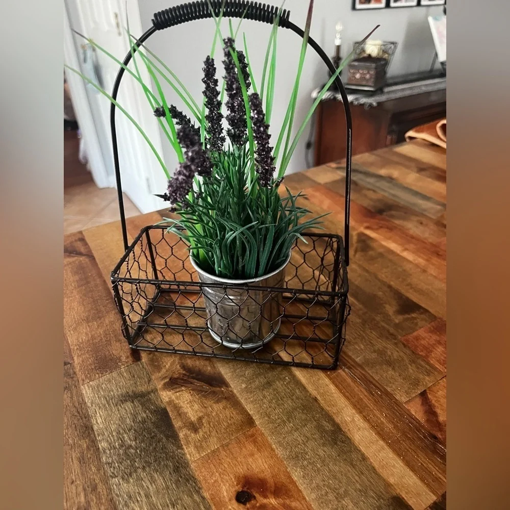 Faux Lavender Plant in Black Wire Basket